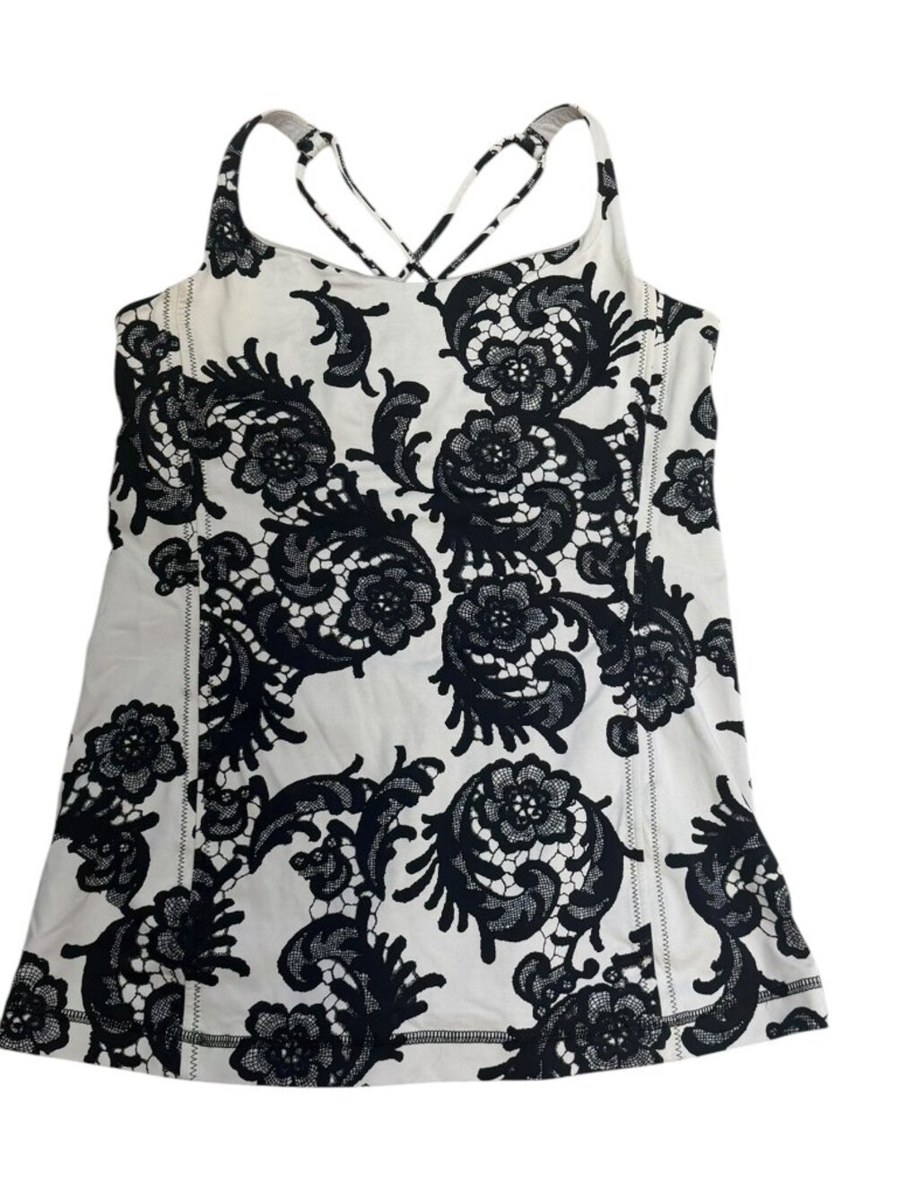 Lululemon Scoop Neck Tank Black Lace Print Built-In Bra Size 6 EUC